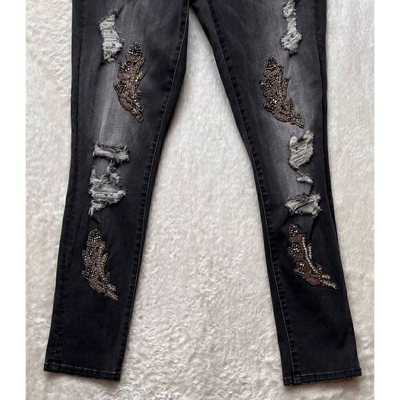 bebe Embellished Rhinestone Detail Mid Rise Skinny Leg Jeans in Black, Size 29 - Picture 8 of 13